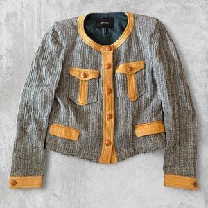 Isabel Marant Tweed Jacket 100% Lamb skin Leather Trim Virgin Wool US 4 FR 36 S